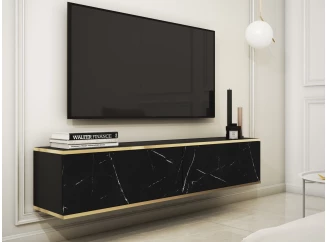 Závesná TV skrinka Orfeo, 135 cm, imitácia mramoru/zlatá